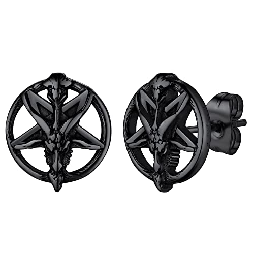 FaithHeart Black Satan Stud Earrings for Men Baphomet/Skull/Leviathan/Lucifer Earrings Stainless Steel Lightweight Earrings Gothic Punk Satanic Jewelry