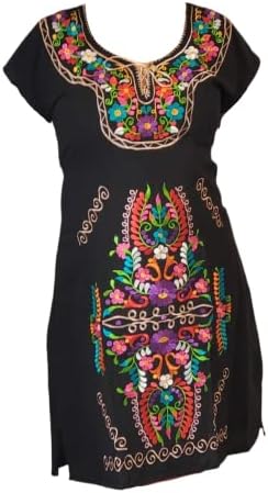 Mexican Embroidered Dress from Mexico womens vestidos bordados mexicanos huipil black colorful dress vestidos mexicanos long traditional bordados flower Dress Short Sleeve (M, Black and Colors)