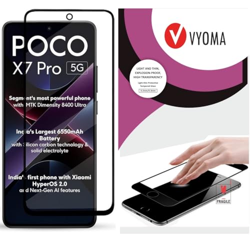 Image of VYOMA Military-Grade Gorilla Tempered Glass for Poco X7 Pro (Black) | Edge to Edge Full Screen Coverage | Scratch Resistant | With Easy Installation Kit | Screen Protector for Smartphone | Bubble-Free | Ultra Clear HD Glass | Oleophobic Coating | High Clarity | 9H Hardness | Scratch Resistant | ShatterProof | ScreenGuard | Pack of 1