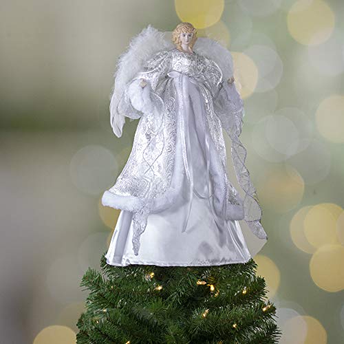 18" Lighted White And Silver Angel In A Dress Christmas Tree Topper - Warm White Lights #TOP1
