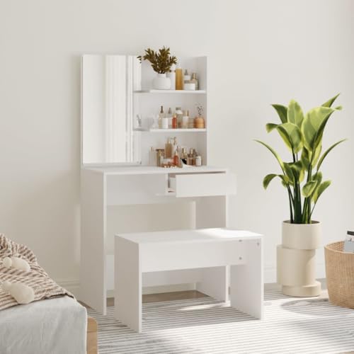 Teenpull Juego de tocador blanco 74,5 x 40 x 141 cm con espejo, taburete, cajones, muebles modernos para dormitorio, vestidor