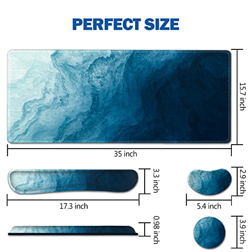 AIMSA Large Gaming Mouse Pad Set, Keyboard Wrist Rest Support + Extended Mouse Pad + Mouse Wrist Cushion + Coaster, Ergonomic Memory Foam Multifunctional Desk Mat 35x15.7inch (Dark Blue Waves) by AIMSA - Image 7