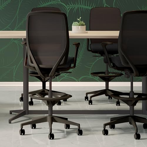 Image of HON Nucleus Task Stool, Ergonomic Office Chair, Home Office Desk Chairs, Synchro-Tilt with Seat Slider, Adjustable Footring, Height-Width Adjustable Arms, Black Mesh, Darkness Fabric, Black Frame