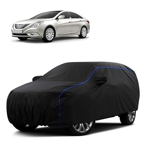Image of Sulfar 100% Water Resistant Car Body Cover Compatible with Mirror for Hyundai Sonata (Triple Stitched, Full Bottom Elastic, Black Tafetta with Blue Piping)