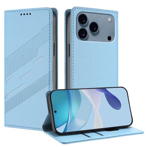 Étui en cuir pour iPhone 17 rabat magnétique bleu clair slim