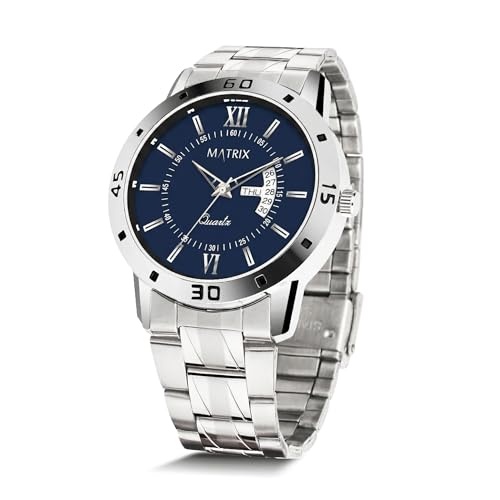 Matrix Antique Day & Date Leather Strap Analog Watch for Men & Boys (Blue - Silver) - Image 2