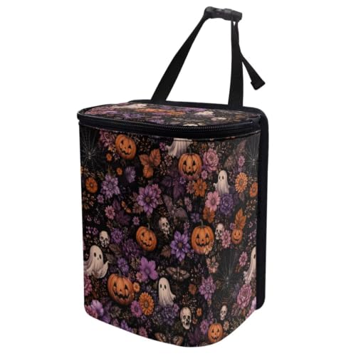 Image of Talayituse Ghost Pumpkin Skull Flower Print Car Trash Can with Lid, Leak Proof Auto Trash Bag Hanging Vehicle Garbage Can Multipurpose Storage Container for Back Seat Road Trip Halloween Decor