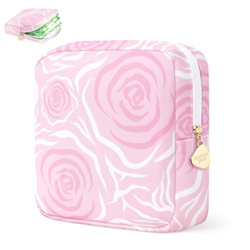 Image of Sanitary Pad Storage Bag Portable Period Bag for Teen Pads /Sanitary Napkins /Small Tampons, Sanitary Napkin Storage Bag First Period Gifts for Teen Girls (Texture Rose)