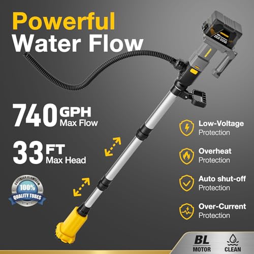 Cordless Stick Water Transfer Pump Compatible with Dewalt 20V Battery(Tool Only), 740GPH Telescoping Pole Pump, Detachable Battery Pod Handheld Sump Pump for Garden, Rain Barrels, RV Pool, Boat Well by ADOTOCAM - Image 2