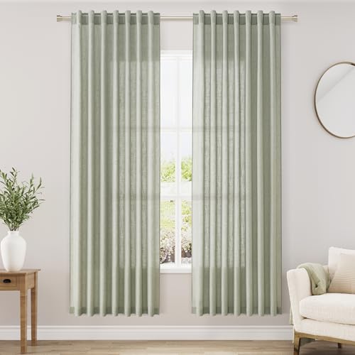 Image of Nanspring Sage Green Semi Sheer Curtains 72 Inches Long 2 Panels Set for Bedroom Back Tab Rod Pocket Light Filtering Drapes Cotton Linen Textured Pale Green Farmhouse Living Room Curtain 52X72 Inch