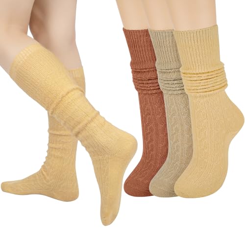 Aurmly 3 pares Calcetines Térmicos Mujer, Calcetines Altos Mujer, Calcetines Calentitos de Invierno, Amarillo, Naranja, Marrón Claro, EU36-41