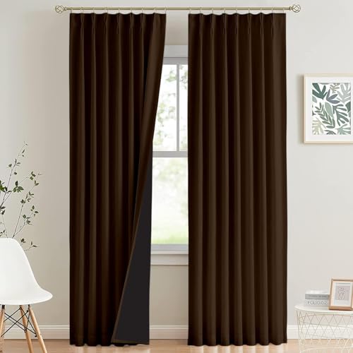 Image of 100% Blackout Double Pinch Pleat Curtains, Linen, Thermal Insulated, 2 Panels, Solid, (Cocoa Brown)