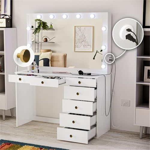 Boahaus Serena Large Makeup Vanity with Hollywood Lights Built-in, 7 Drawers, Hollywood Mirror, Hairdryer Hanger, Glass Top, Gold Knobs, White Vanity Makeup Desk for Bedroom, 58''Hx47''Wx17''D - Thumbnail 5