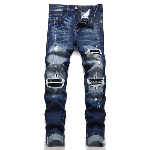 AITITIA Men's Ripped Regular Fit Stretch Jeans, Dark Wash, 40