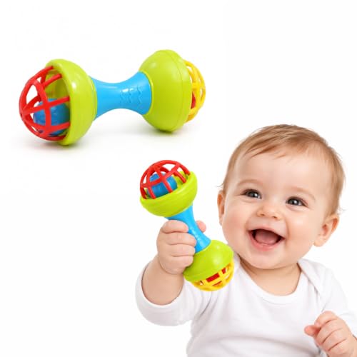 Image of BabyGo Dumbell Rattle for Baby | Non-Toxic Plastic Handheld Infant Bell Rattle | Toy for Kids 6-12 Months | New Born Baby Essential | Multicolor, Pack of 1