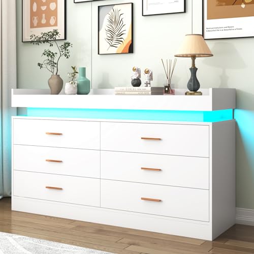 Led Casing Drawer Hlivelood 6 Drawer Dresser with LED Light and Charging Station, Modern ...