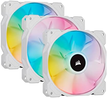 Corsair iCUE SP120 RGB ELITE Performance 120 mm PWM Triple Fan Kit with iCUE Lighting Node CORE (CORSAIR AirGuide Technology, Eight Addressable RGB LEDs, Low-Noise 18 dBA, Up to 1,500 RPM) White