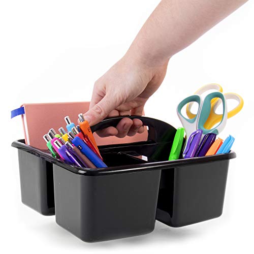 6 Black Storage Caddies - Bulk Stackable Plastic Bins with 3 Compartments & Carrying Handle for Restaurant, Business, Bar, Food Truck, Houskeeping - Utility Tote for Cleaning Supplies & Spray Bottles - Thumbnail 6