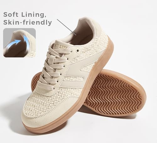 Image of LUCKY STEP Women Retro Gum Sole Fashion Sneakers | Genuine Leather Classic Tennis Skate Walking Shoes Anti Slip Trainers