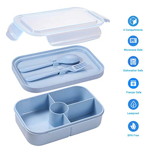 Jeopace Bento Box For Kids Lunch Containers With 4 Compartments Kids Bento Lunch Box Microwave/Freezer/Dishwasher Safe (Flatware Included,Light Blue) #TOP1