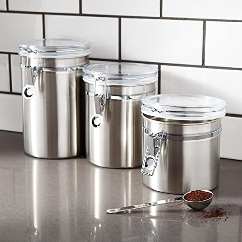 5Pc Stainless Steel Canister Set With Clear Acrylic Lids & Clamp Airtight Durable & Stackable Food Storage Container For Kitchen Counter & Pantry, Tea, Sugar, Coffee, Flour, Rice, Pasta, Spices, Herbs #TOP3