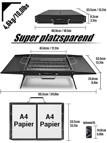 Charmline Tragbarer Holzkohlegrill, Klappbarer Campinggrill 47 x 34 cm für 3–5 Personen, Picknickgrill Grill, BBQ Grill für Balkon, Garten, Camping, Picknick und Strand, Schwarz