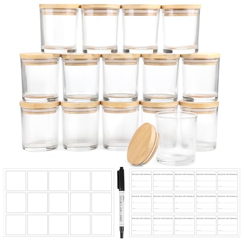 Winter Shore Petit Pot en Verre 170 ML avec Couvercles [Lot de 15] - Contenant Bougie Transparent - 15 Étiquettes Autocollantes, 15 Étiquettes Vierges & 1 Stylo Noir Inclus