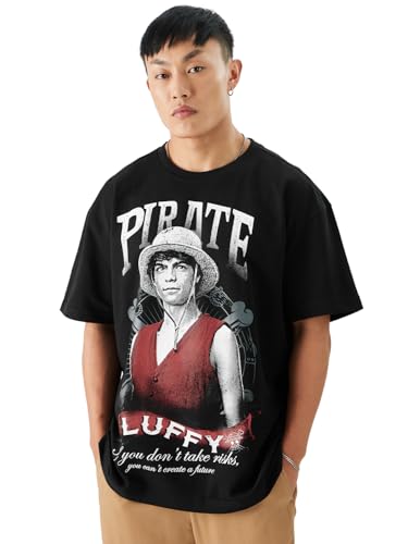 Image of The Souled Store Official One Piece: Luffy The Pirate King Men and Boys Short Sleeve Round Neck Black Graphic Printed Cotton Oversized T-Shirts
