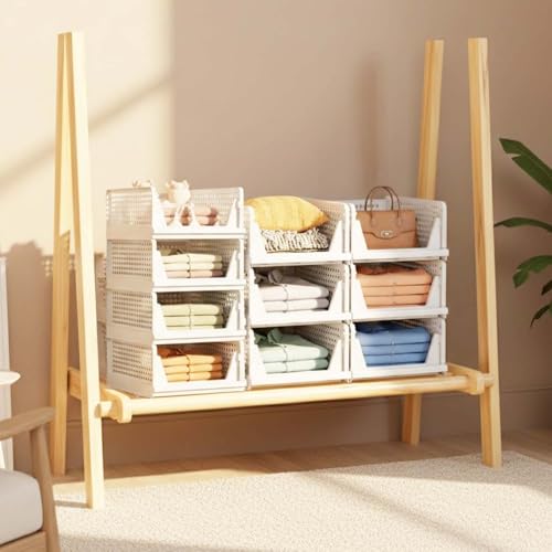 Image of Go Hooked Foldable Wardrobe Organizer with Drawer Style Pull Out Design | Pack of 10 Large (44x34x19 cm) Shelf Storage Box | Heavy Duty Plastic Shirt Stacker for Cupboard, Almirah & Closet | White