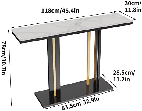 FATIVO Marble Console Table Sintered Stone:Luxury Modern Hallway Tables 118x30x78cm Snow Mountain White Textured Clear Marble Tabletop with Black and Gold Geometric Line Pedestal for Home Decor