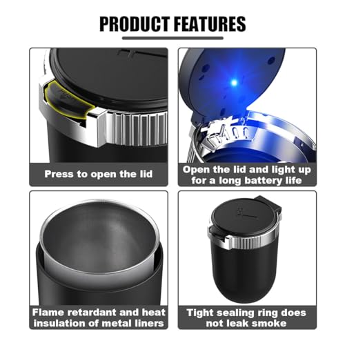 Image of Car Ashtray with Lid Smell Proof, Detachable Stainless Smokeless Ash Tray with LED Blue Light, Portable Mini Car Trash Can, Windproof Auto Ashtray Cup Holder for Car Home Outdoor Travel (Silver)