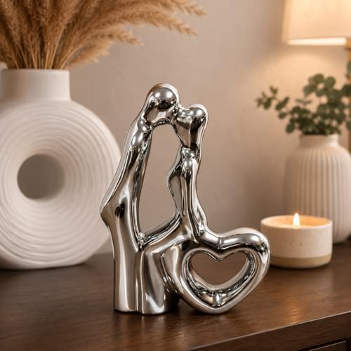 Image of Amazon Basics Serene Abstract Couple Figurine for Home & Office Decor | Modern Ceramic Love Sculpture Showpiece for Living Room, Shelf, Study Table & Bedroom Styling (Silver, 7 cm)