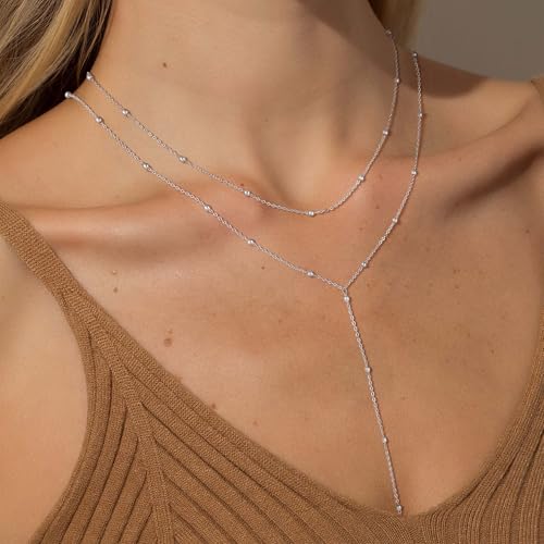 Lariat Gold Necklace for Women, Dainty Long Necklace 14K Gold Plated/Silver Y-Shaped Pendant Necklace Trendy, Beaded Chain Bar Infinity Cross Star Drop Necklaces Simple Jewelry For Women3