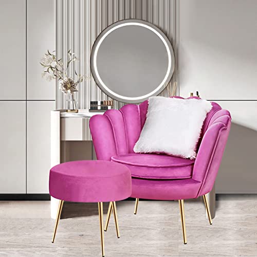 Magshion Modern Scalloped Back Accent Velvet Upholstered Armchair With Golden Legs And Soft Pillow With Footrest For Living Room, Comfy Vanity Chair, Pink #TOP4