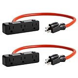 KMC 3-Outlet Power Extension Cord 2-Pack, 12AWG 2-Feet Extension Cord, 125V/15Amp 1875Watt, Orange