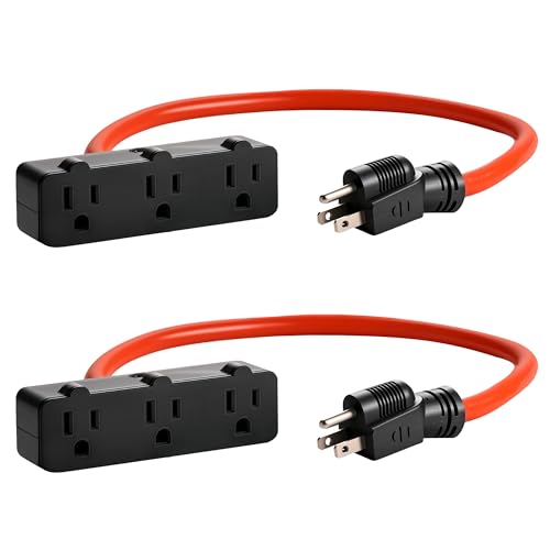 KMC 3-Outlet Power Extension Cord 2-Pack, 12AWG 2-Feet Extension Cord, 125V/15Amp 1875Watt, Orange