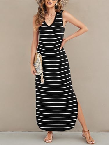 Image of Arolina Maxi Dress for Women Tropical Summer V Neck Sleeveless Split Long Beach Dresses Casual Loose Sundress with Pockets