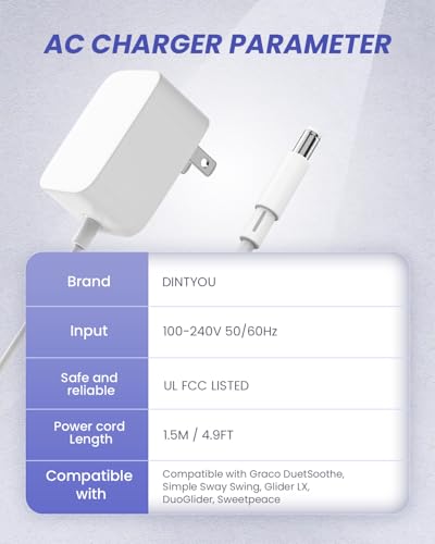 Graco Swing Replacement Cord 4.9ft, for Graco Duetsoothe/DuoGlider/Glider LX/Graco Simple Sway Swing/Simple Sway LX, Adapter 5V Charger Graco Baby Swing White