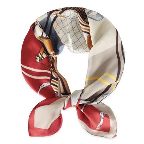 Relang Fashion Silk Satin Head Scarf for Women Hair Bandana Hair Scarf Wrap Neck Scarf for Women 27.5×27.5 inches Junma Grid Red Rice
