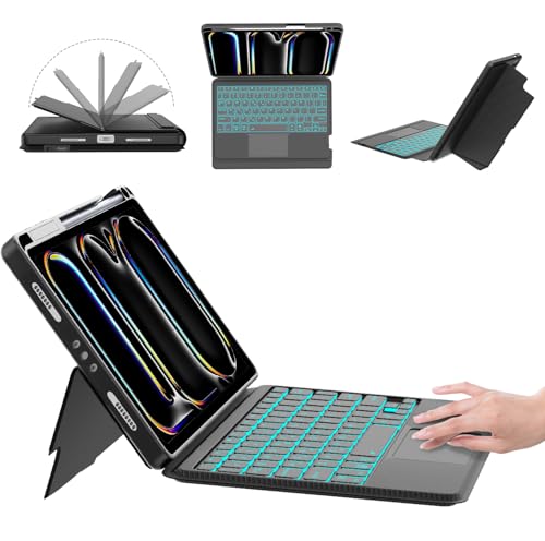 【2025 iPad Pro 11インチ (M4 2024) キーボード付きケース 縦向き・横向き対応 7色バックライト 高精度トラックパッド搭載 Type-C充電 15°~180°角度調整 3台デバイス切替 ペンシルホルダー付き