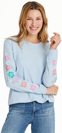 Life is Good. Women's Hibiscus Paradis Long Sleeve Crusher Boxy Tee, Glacier Blue