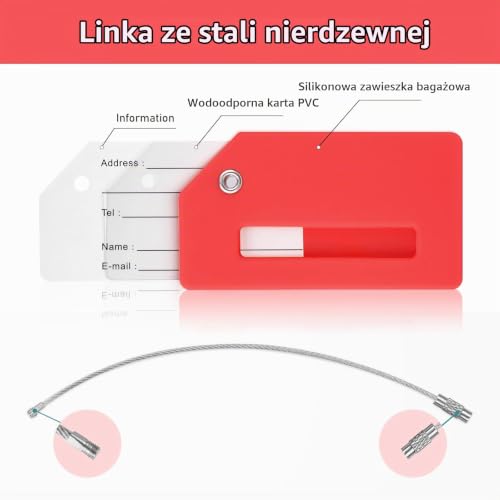 Flintronic Zestaw 4 silikonowych etykiet bagażowych z dowodem osobistym, silikonowe etykiety do walizki z linkami ze stali nierdzewnej, etykiety do torebek