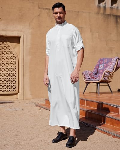 YAOHUOLE Men Islamic Caftan Thobe Big and Tall Kaftan with Pocket Mens Arab Kaftan Thobe2