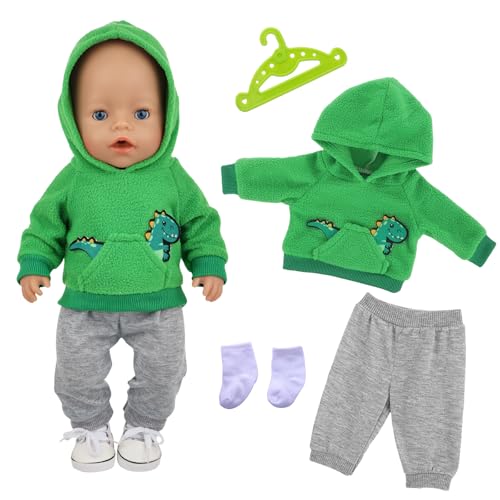 Xerteam 14-18 Inch Doll Clothes, 4 Pcs 35-45cm Baby Doll Clothes 43cm Doll Outfits, Green Dinosaur Sweater + Gray Pants + White Socks, Girl Doll Accessories, as a Gift to Little Girls