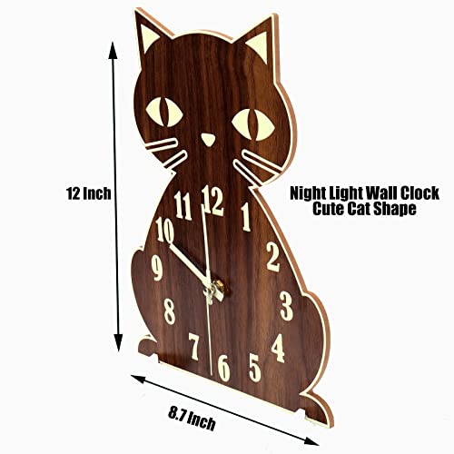 Wall Clock Glow In The Dark/Night Light Cat Wall Clock Silent Non-Ticking Wooden Wall Clocks Battery Operated Analog Clock Decorative For Bedroom Living Room Bathroom,12 Inch #TOP2