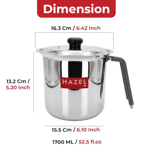 Image of HAZEL Steel Milk Pot with Lid |Stainless Steel Milk Boiler Container | Milk Boiling Vessel Gunj for Kitchen (Tope with Lid & Handle, 1700 ML)
