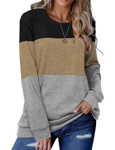 Halife Women's Long Sleeve Color Block Tops Leopard Camo Pullover Tunic Shirts Blouses, C Khaki, XL