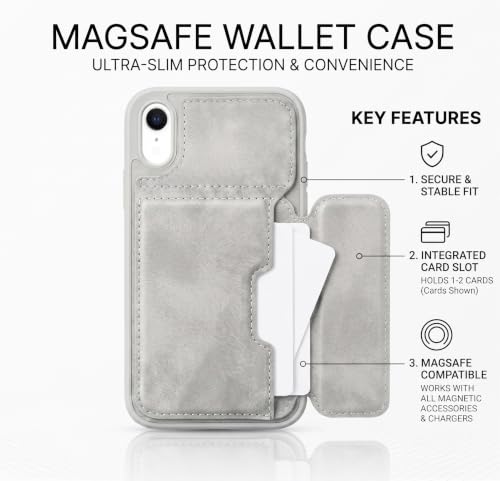 Image of amazon basics Luxury Vegan Leather Back Cover for iPhone XR | Built-in Card Holder Slot | Integrated Mobile Stand | Slim Shockproof Protective Case with Stitched Finish - Gray
