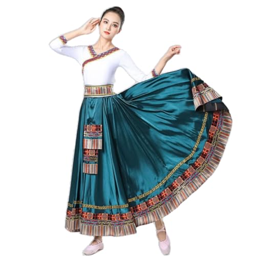 HEARTTOUCH Women Lyrical Dance Skirt Traditional Folk Dress with Blouse Gypsy Dress Tibetan Dance Costumes for Performance (Green+White,M,Medium)