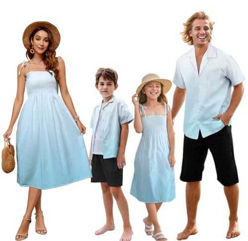 SANGTREE Family Matching Outfits - Hawaiian Shirts & Sundresses Vacation Beach Party Outfits for boy Gradient Blue, 11-12 Years = Tag 180